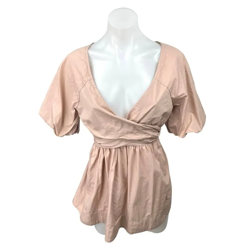 Free People Evie Pink Short Puff Sleeve Peplum Wrap Tie Tunic Blouse Top Size M